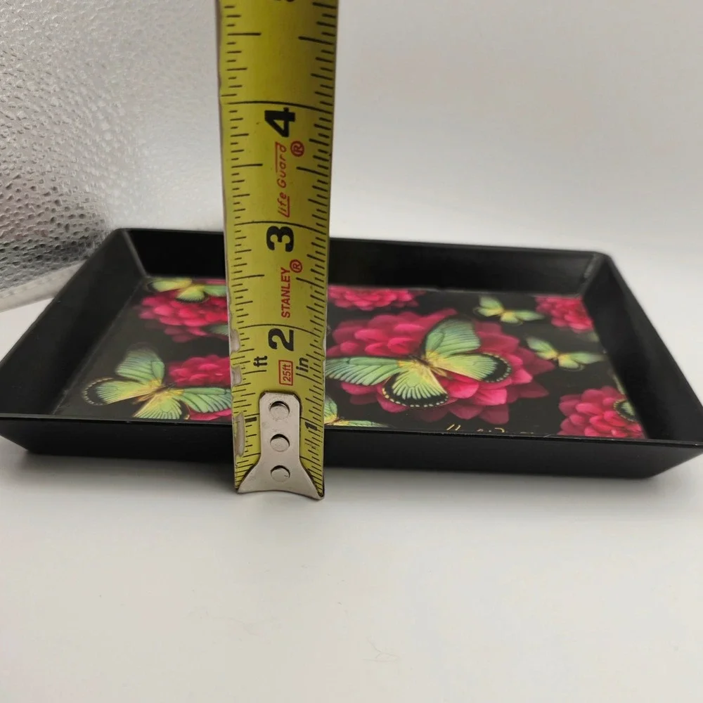 VTG Harold Feinstein Butterfly Floral Tray Trinket Dish Black‎ Pink 8